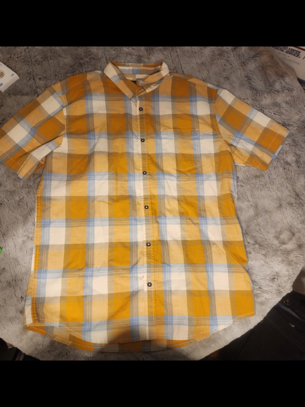 Prana Men's Yellow and White Plaid Short-Sleeve Button-Down Shirt